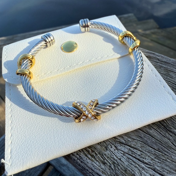 Nordstrom Two-Tone Gold Accents with Pavé Crystal X Cable Cuff Bracelet - Picture 6 of 7